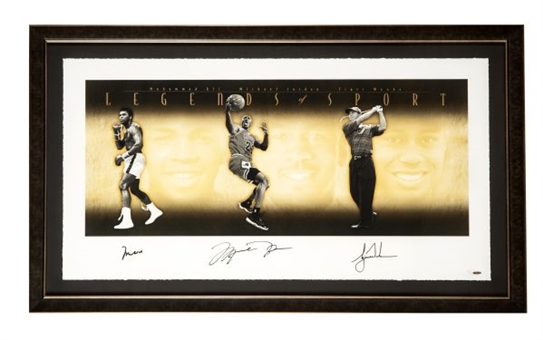 Legends of Sports Muhammad Ali, Michael Jordan and Tiger Woods Signed and Framed Lithograph (174/500) (Upper Deck Authenticated)
